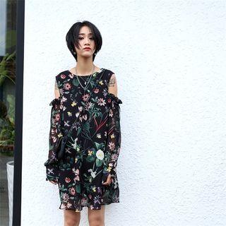 Floral Print Cut Out Shoulder Long Sleeve Chiffon Dress
