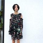 Floral Print Cut Out Shoulder Long Sleeve Chiffon Dress