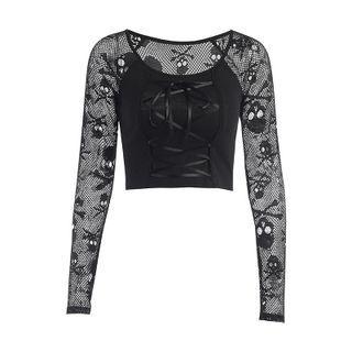 Long-sleeve Skull Mesh Lace-up Crop Top