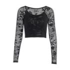Long-sleeve Skull Mesh Lace-up Crop Top