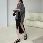 Long-sleeve Striped Loose-fit Shirt / High-waist Irregular Skirt