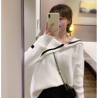 Asymmetric Sailor Collar Ribbed Sweater White - One Size