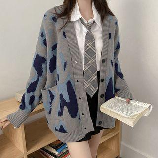 Leopard Pattern Cardigan Blue & Gray - One Size