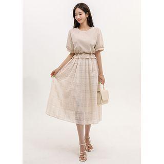 Drawstring Plaid Sheer-panel Long Dress