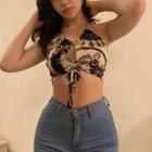 Halter Neck Pattern Print Tie-front Crop Top