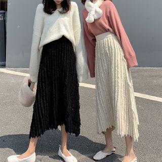 Asymmetrical Hem Knit Midi A-line Skirt