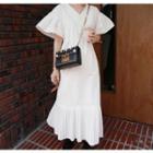 Flare-sleeve Pleat-hem Long Dress Ivory - One Size