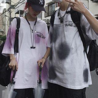 Tie-dyed Lettering Elbow-sleeve T-shirt