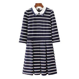 Stripe 3/4-sleeve Collared Dress
