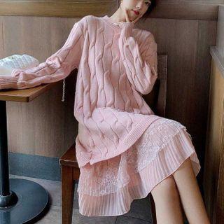 Lace Hem Cable Knit Sweater Dress