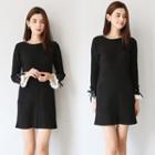 Pleated Cuff Long-sleeve Shift Dress