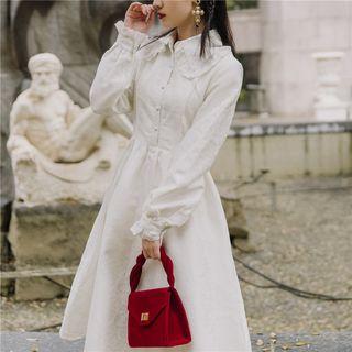 Lace Collar Floral Embroidered Balloon-sleeve Midi A-line Dress