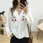 Long-sleeve Embroidered Floral Buttoned Knit Top