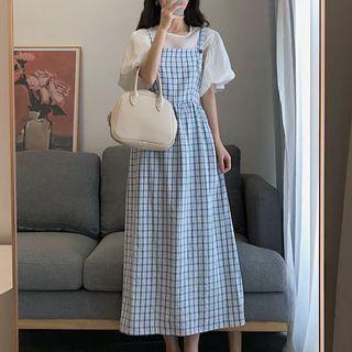 Set: Short-sleeve T-shirt + Plaid Midi Overall Dress