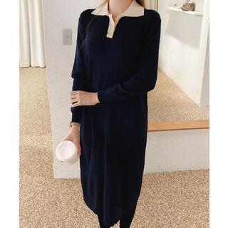 Contrast-collar Knit Dress Navy Blue - One Size