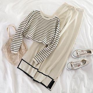 Set: Striped Knit T-shirt + High-waist Knit Pants
