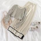 Set: Striped Knit T-shirt + High-waist Knit Pants