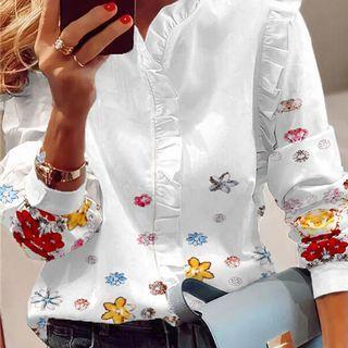 Floral Long-sleeve Ruffle Trim Blouse