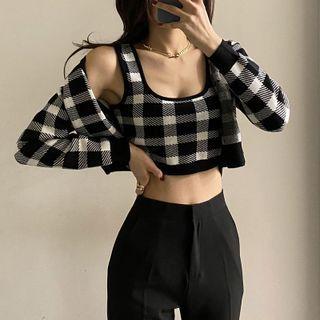 Set : Plaid Tank Top + Long-sleeve Cropped Cardigan
