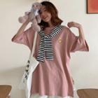 Set: Elbow-sleeve Printed T-shirt + Striped Shawl