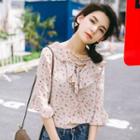 Printed Lace-up Elbow-sleeve Chiffon Top