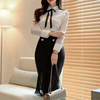 Set: Ribbon-neck Shirt + Midi Fitted Skirt