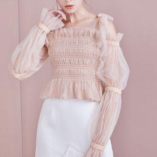 Off-shoulder Ruffle Trim Mesh Blouse