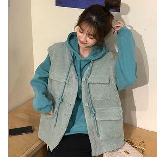 Letter Embroidered Hoodie / Faux Shearling Buttoned Vest