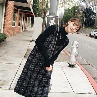 Set: Long-sleeve Turtleneck Knit Top + Spaghetti Strap Plaid Midi Dress