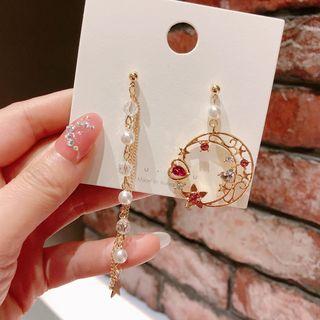Non-matching Faux Pearl & Moon Dangle Earring Rose Pink - One Size