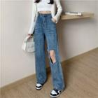 Distressed Wide-leg Jeans / Plain Camisole Top