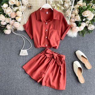 Set: Pocket Detail Short-sleeve Blouse + Bow Accent Shorts