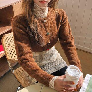 Faux-gem Buttoned Furry Cardigan