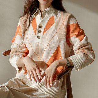 Half-placket Argyle Sweater