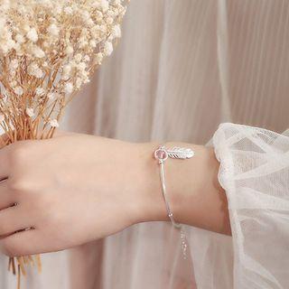 Feather Gemstone Bead Sterling Silver Bangle Pink & Silver - One Size