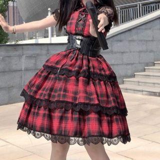 Balloon-sleeve Plaid A-line Layered Dress / Corset