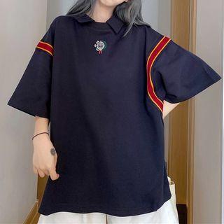 Lettering Striped Elbow-sleeve Collared T-shirt