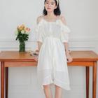 Elbow-sleeve Cold-shoulder Ruffle A-line Dress