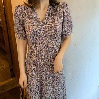 Floral Print Puff-sleeve Maxi A-line Dress Floral - Purple - One Size