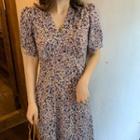 Floral Print Puff-sleeve Maxi A-line Dress Floral - Purple - One Size
