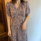 Floral Print Puff-sleeve Maxi A-line Dress Floral - Purple - One Size