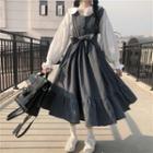 Plain Blouse / Tie-waist Midi A-line Overall Dress