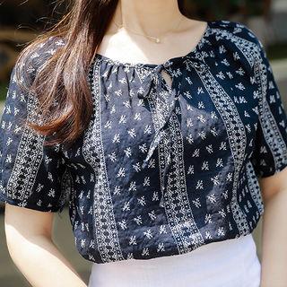 Tie-front Short-sleeve Scarf-print Top