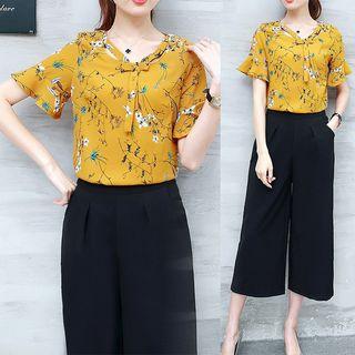 Set: Floral Print Short Sleeve Chiffon Top + Culottes
