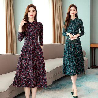 3/4-sleeve Buttoned Floral-print Midi A-line Dress