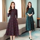 3/4-sleeve Buttoned Floral-print Midi A-line Dress