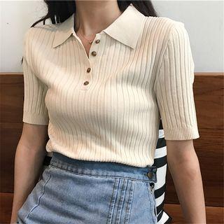 Short-sleeve Polo Neck Knit Top