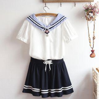 Short-sleeve Embellished Sailor Collar Top / A-line Mini Skirt / Set