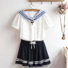 Short-sleeve Embellished Sailor Collar Top / A-line Mini Skirt / Set