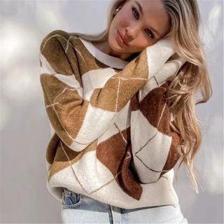Long Sleeve Argyle Print Loose-fit Sweater Brown - One Size